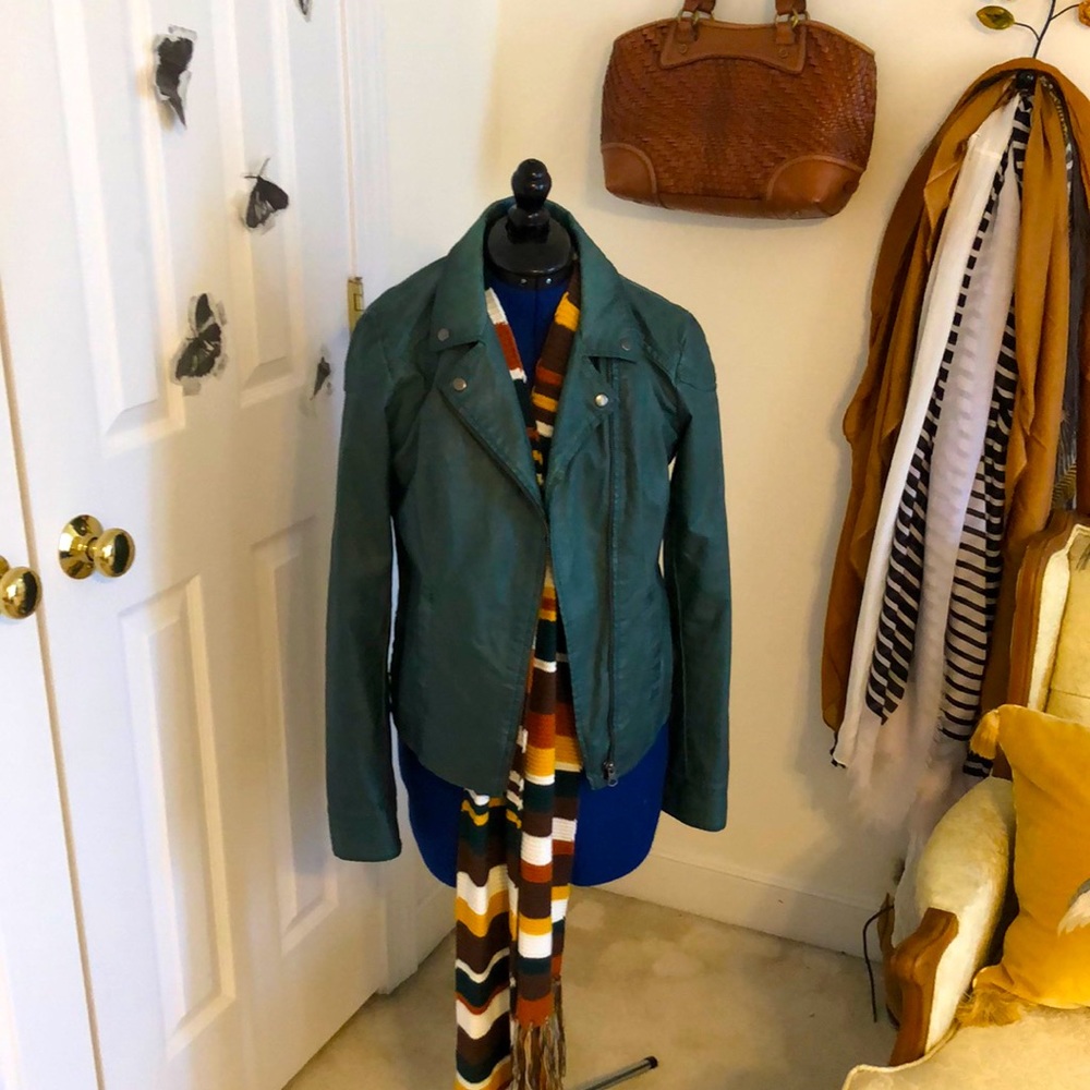 Anthropologie green faux leather jacket with ruffle on the back. size 6